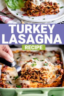 two turkey lasagna photos collaged together with text overlay that says 'turkey lasagna'