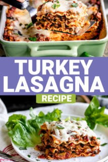 two turkey lasagna photos collaged together with text overlay that says 'turkey lasagna'