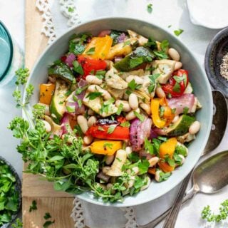 close up overhead photo of grilled veggie salad with white beans
