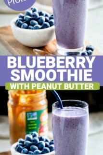 blueberry smoothie with peanut butter with text overlay