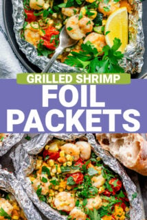 foil packets full of vegges and shrimp on the grill with text overlay