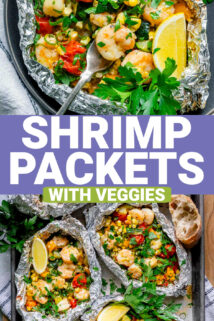 multiple foil packets full of summer vegetables and garlic butter shrimp with text overlay