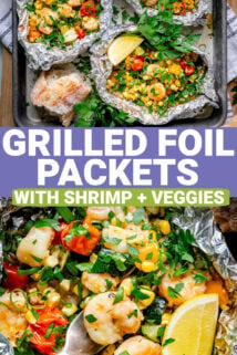 Grilled packets of foil with shrimp and veggies in them and text overlay on top of the image