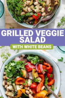 grilled veggie salad with white beans with text overlay