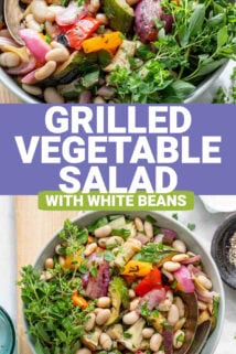 grilled vegetable salad with white beans with text overlay
