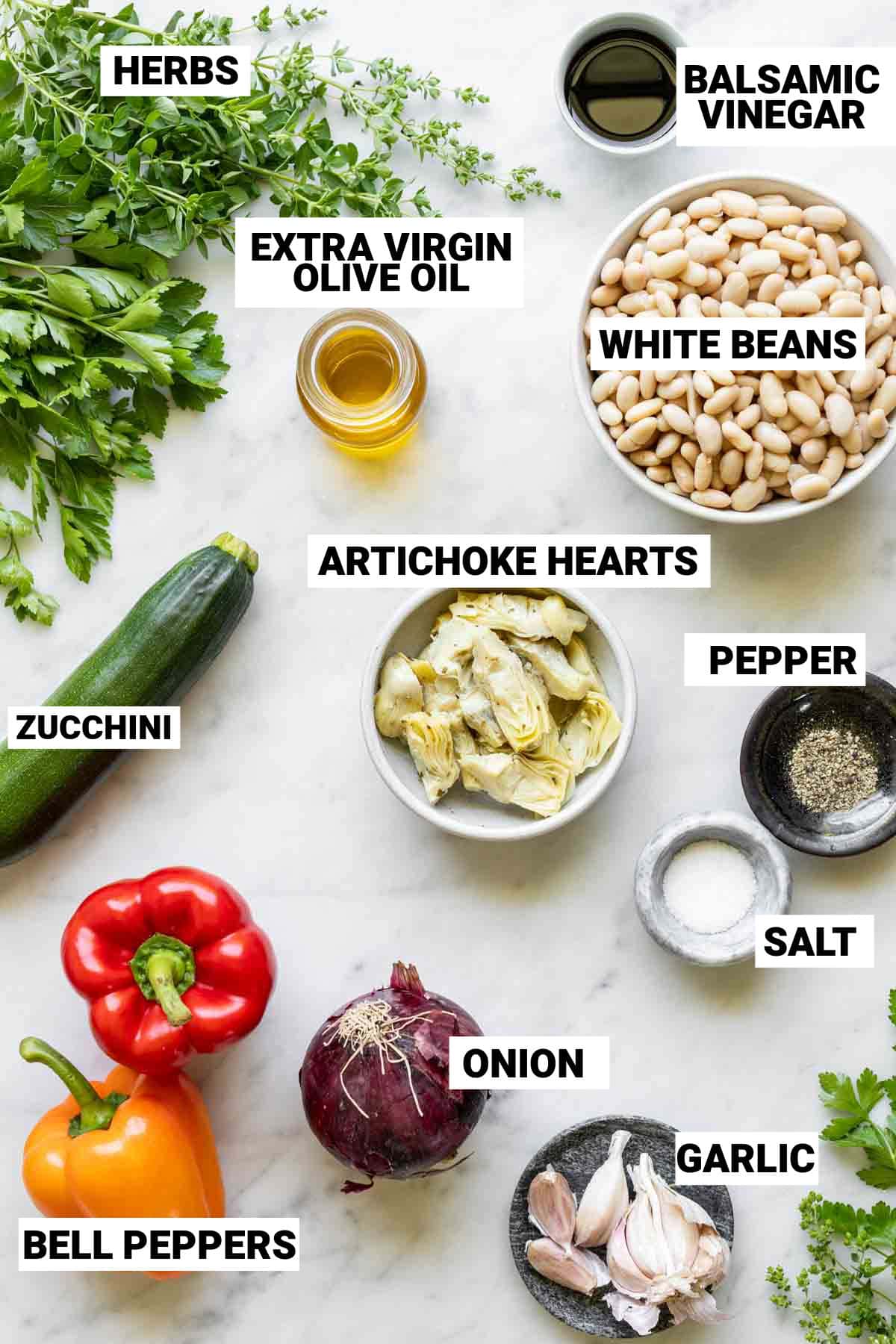 grilled vegetable salad with white beans ingredients with text overlay
