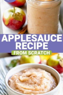 the sauce in a jar and in a dish with text overlay between the two photos