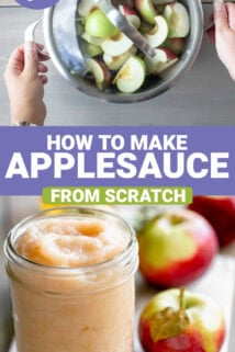 the sauce in a jar and the apples in a saucepan with text overlay between the two photos