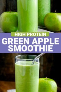 The smoothie in tall skinny glasses with green apples on the table with a dark background and text overlay in the center of the collage