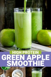 The smoothie in tall skinny glasses with green apples on the table with a dark background and text overlay in the center of the collage