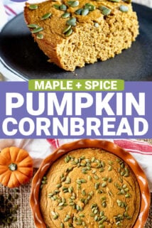 the pumpkin cornbread from the side and overhead with text overlay