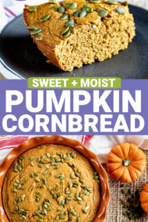 the pumpkin cornbread from the side and overhead with text overlay