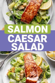 two photos of the salmon caesar salad with text overlay