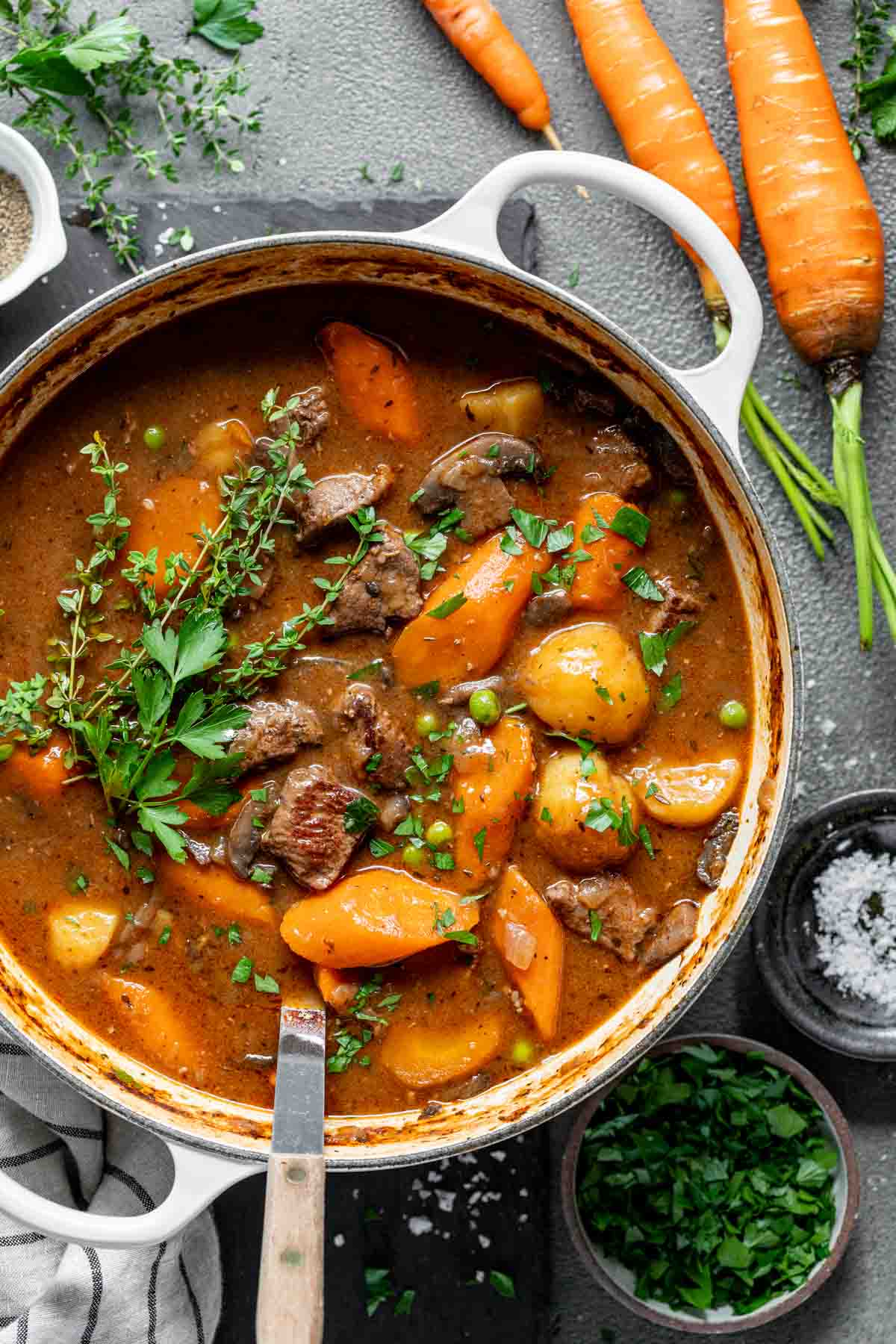 the venison stew in a Dutch Oven from overhead