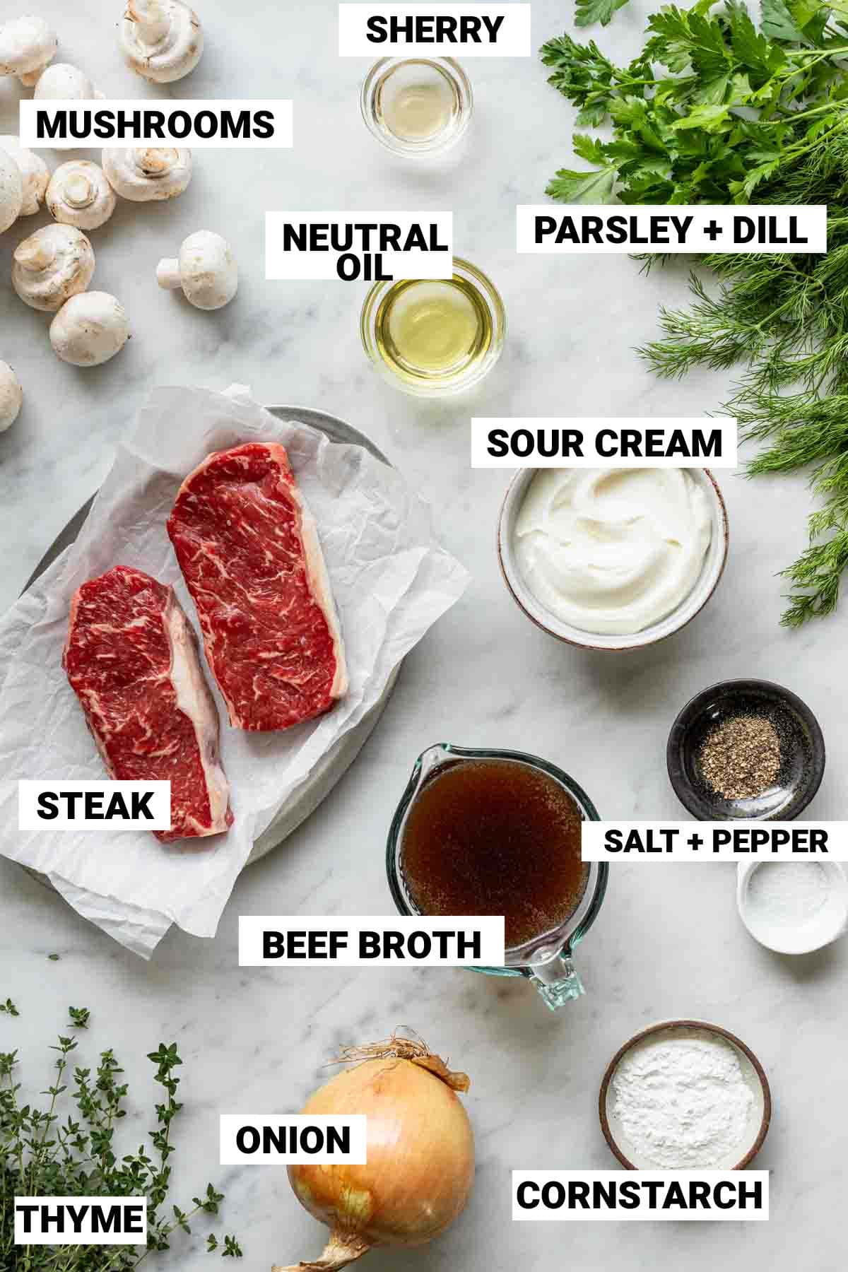 beef stroganoff ingredients with text overlay