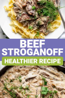 healthier beef stroganoff recipe with text overlay