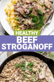 healthy beef stroganoff with text overlay