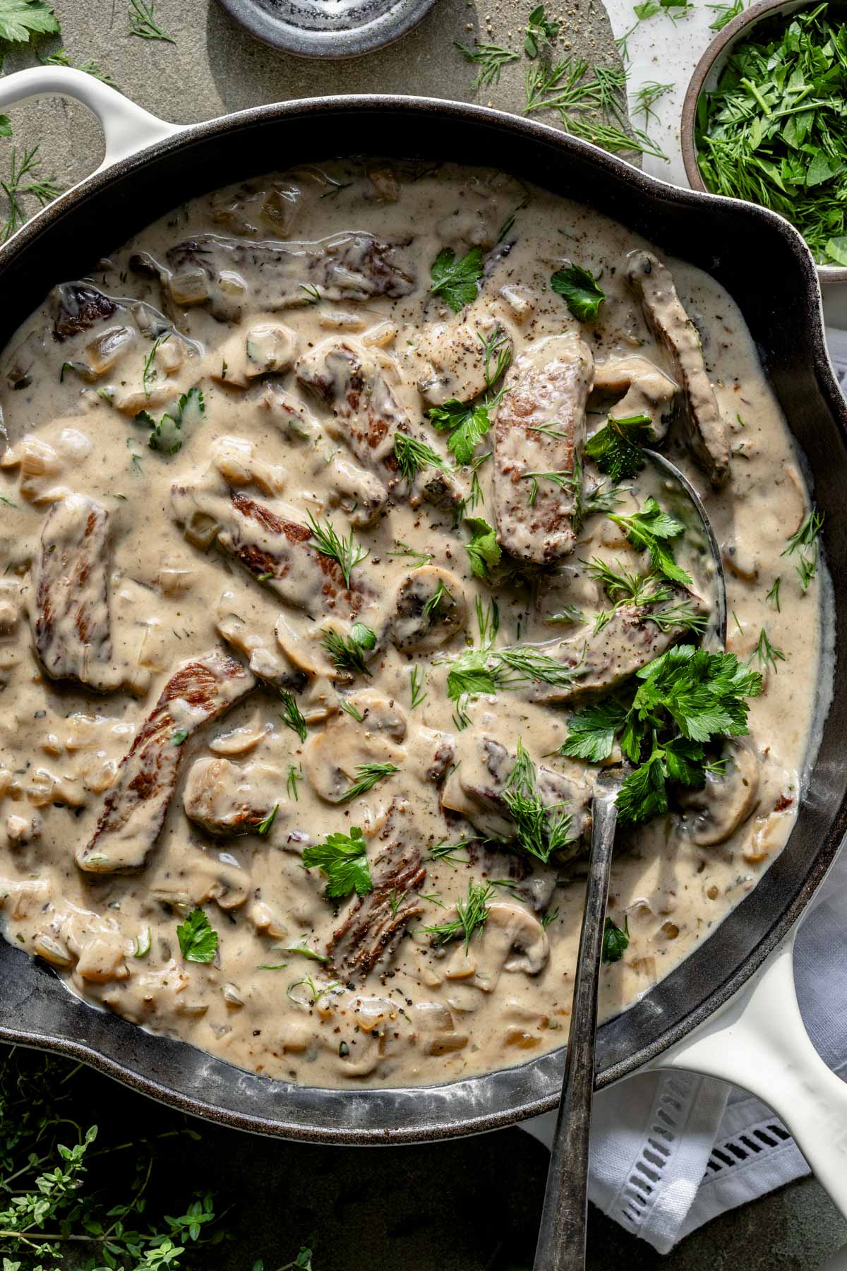 healthy beef stroganoff in cast iron skillet