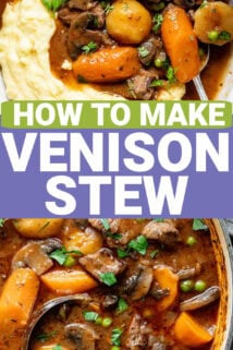 the stew in the dutch oven with herb sprigs on top