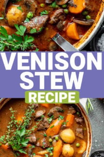 the stew in the dutch oven with herb sprigs on top