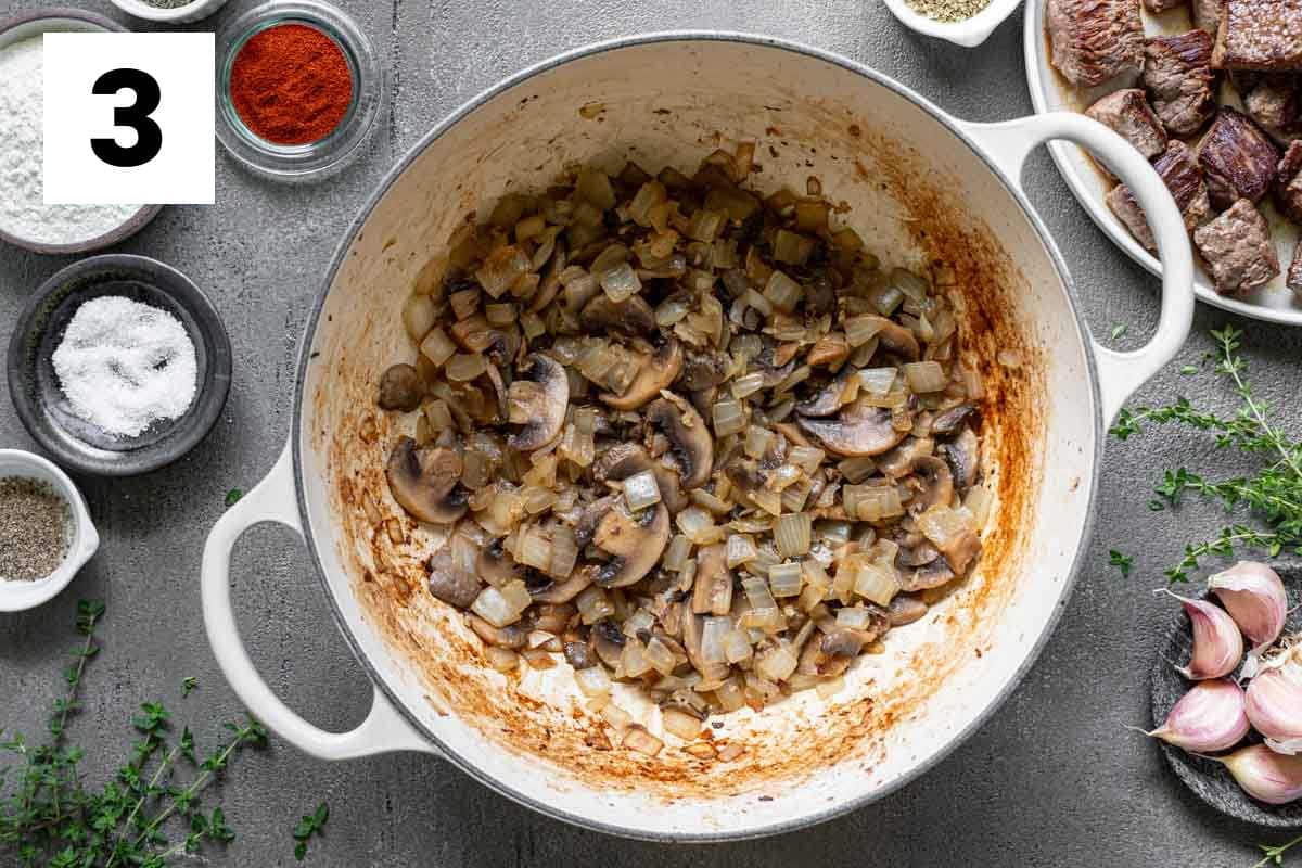 cooking the mushrooms, onion and garlic