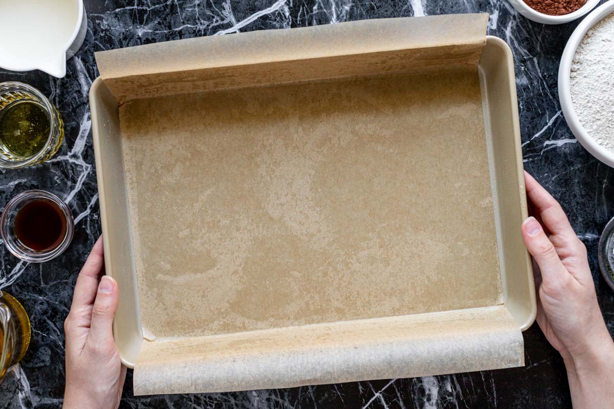 the cake pan with parchment lining
