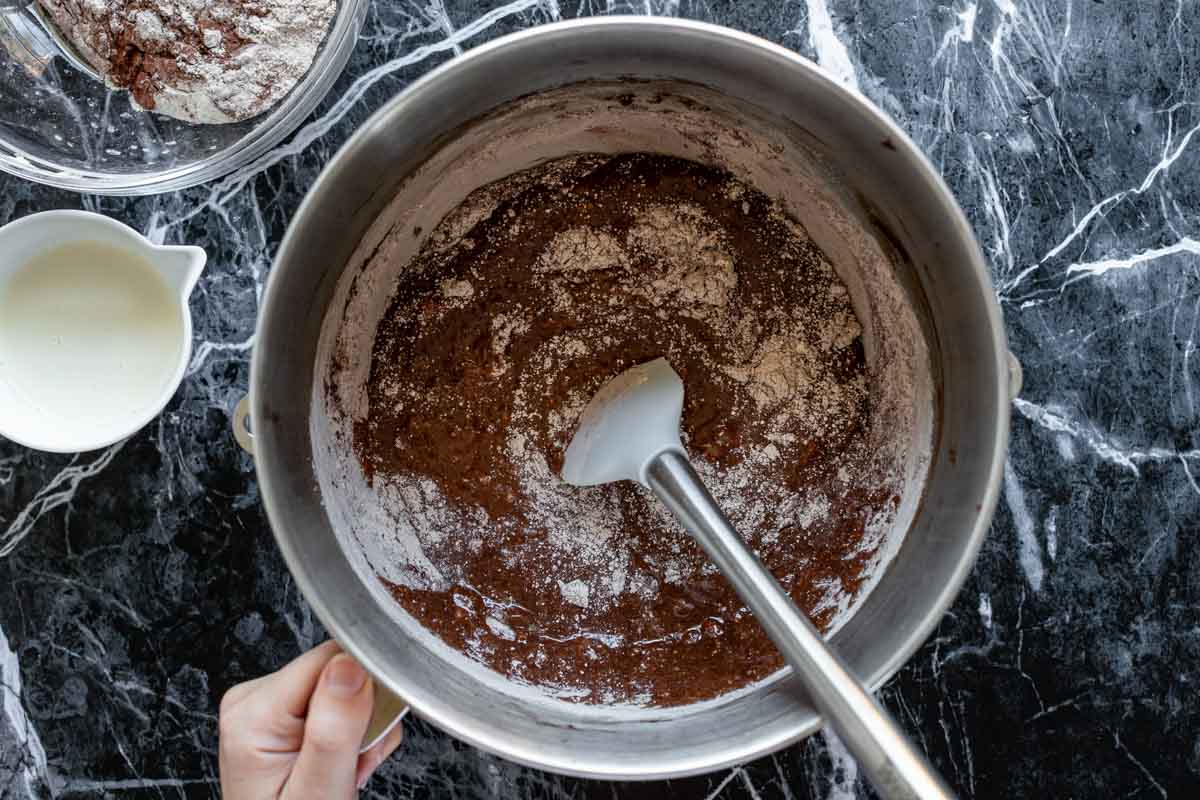 the mixing bowl from overhead with the ingredients in it (but not stirred together)