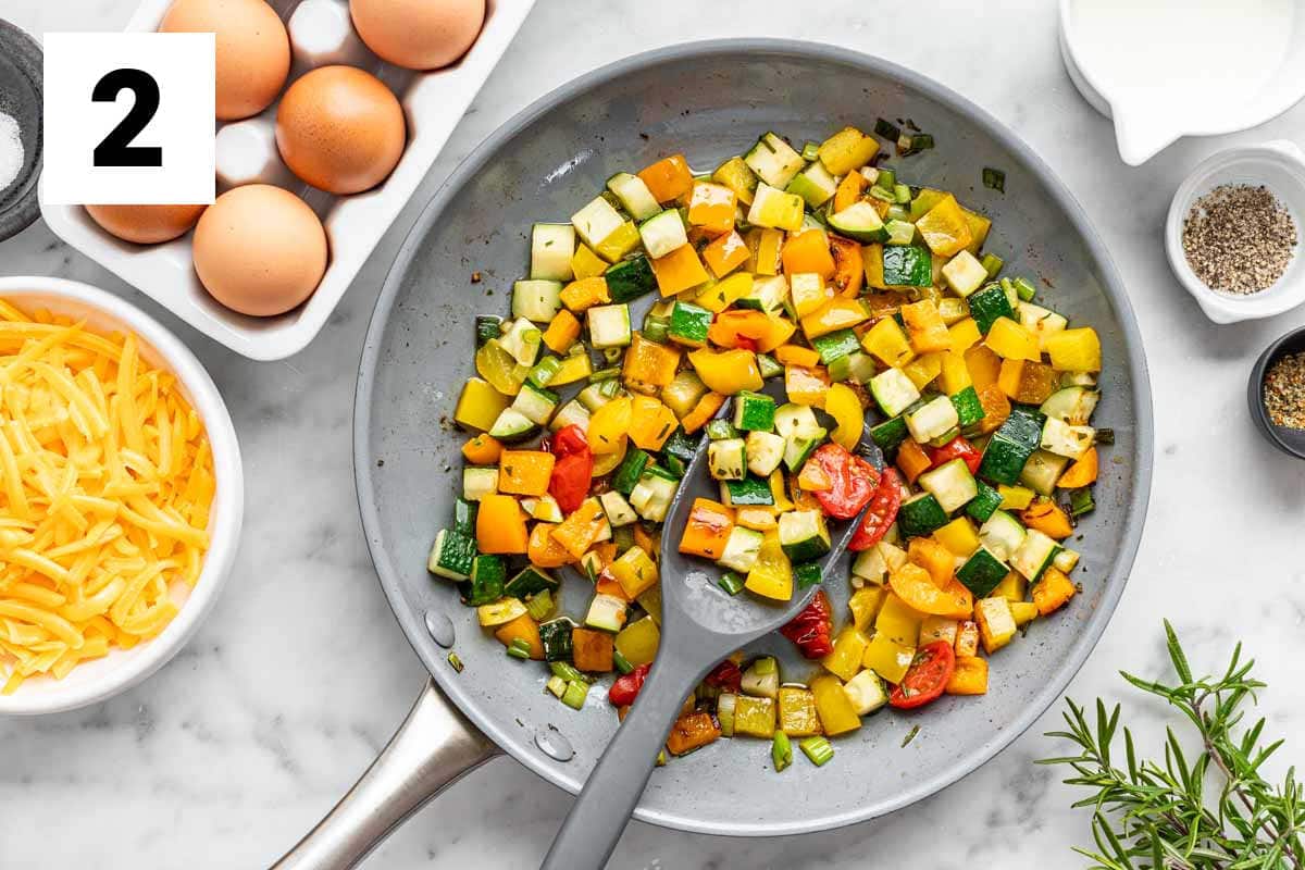the cooked veggies in the skillet