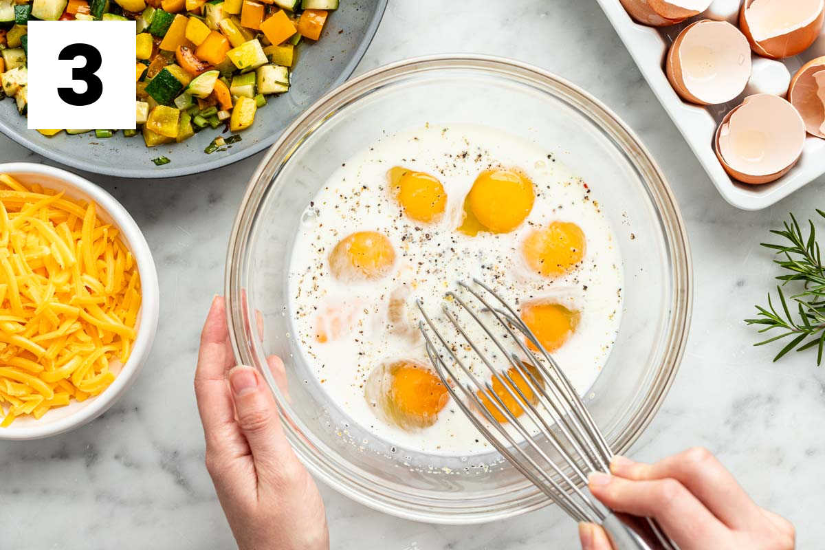 beat eggs, milk, salt and pepper in a medium bowl.