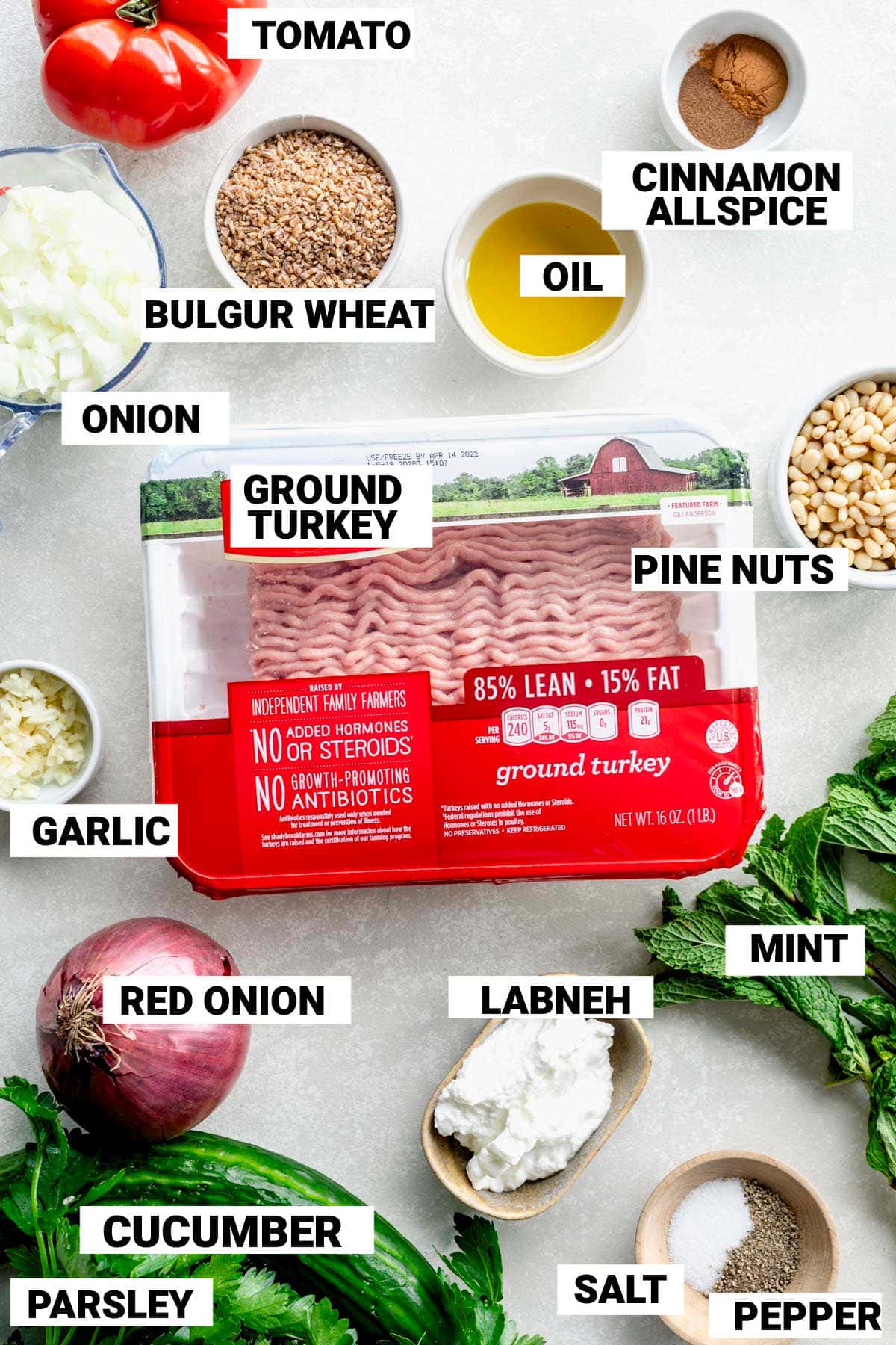 lean ground turkey, pine nuts, mint leaves, labneh, salt, pepper, red onion, cucumber, parsley, garlic, bulgur wheat, oil, cinnamon, allspice, tomato, onion