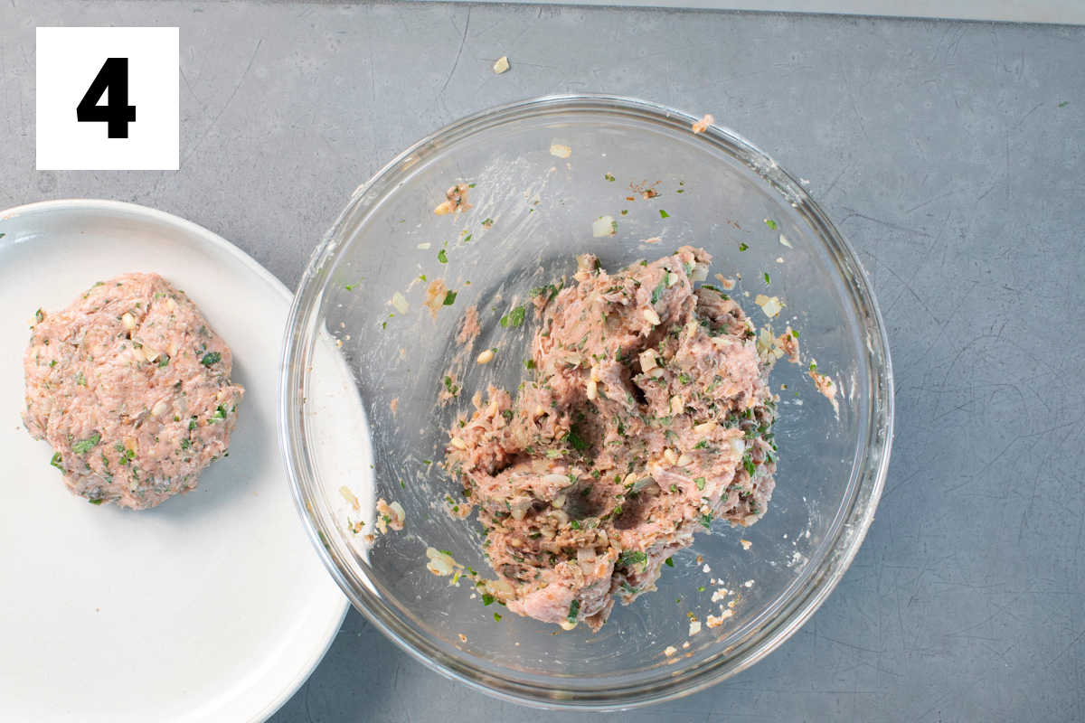 turkey burger patty mixture in a bowl with a completely formed patty on a white plate to the left side