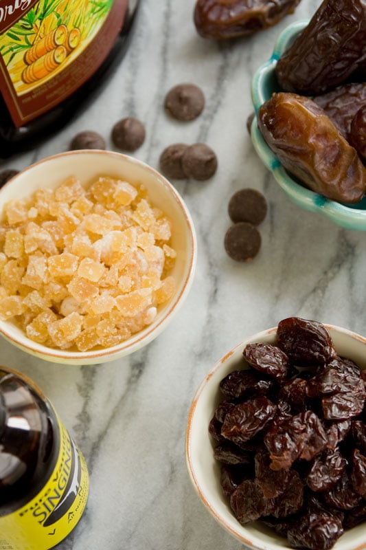 candied ginger, dried cherry, dates, chocolate chips, rum and vanilla