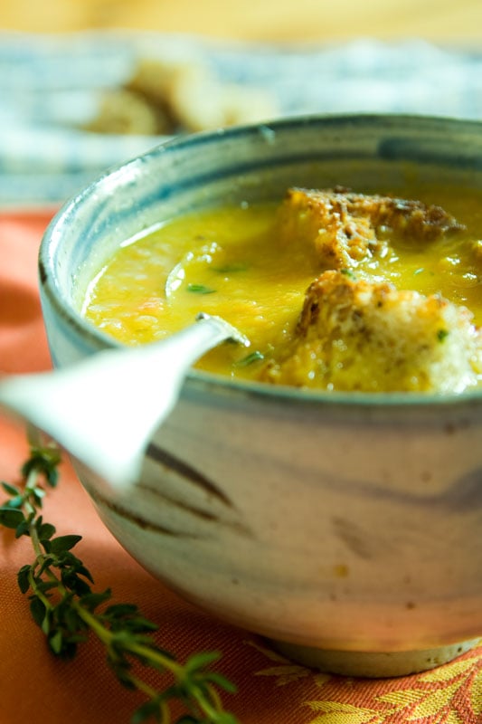 Blue Bowl with Soup and croutons