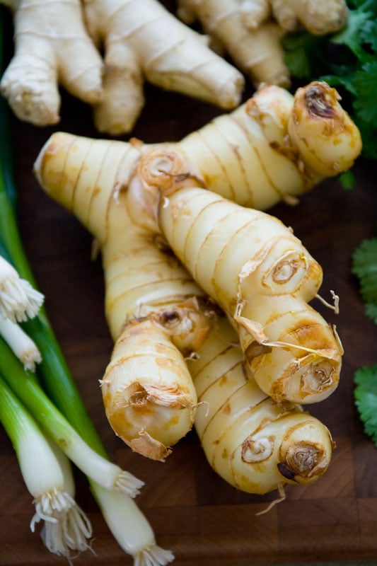 close up of galangal and scallions