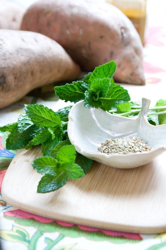 cumin seeds, mint, sweet potatoes