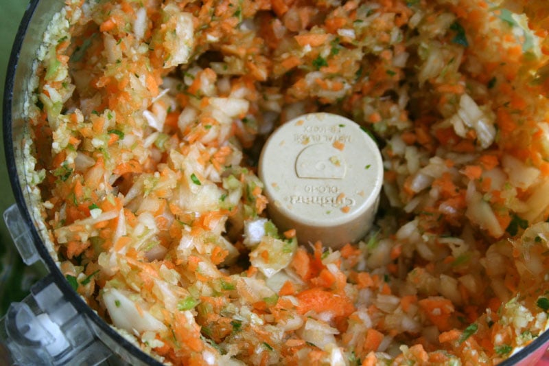 chopped veggies in food processor